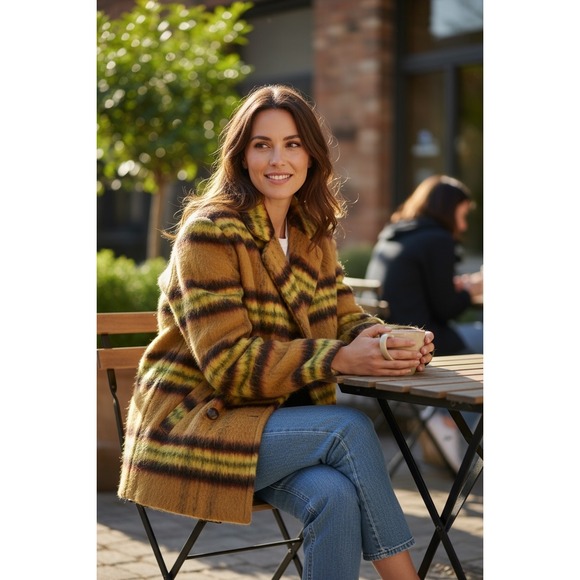 Vigoss Plaid Double Breasted Peacoat Lemon,‎ Brushed Polished Checks Preppy Fall - Picture 2 of 15